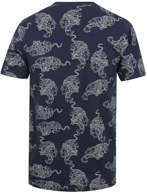 Oamaru Tiger Printed Cotton Slub T-Shirt In Iris Navy - Tokyo Laundry