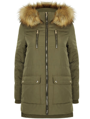 Oqena Quilted Parka Coat with Detachable Fur Trim Hood in Khaki - Tokyo Laundry