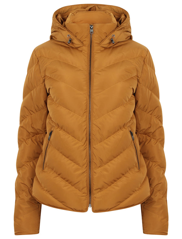 Oracle Chevron Quilted Hooded Puffer Jacket in Mustard - Tokyo Laundry