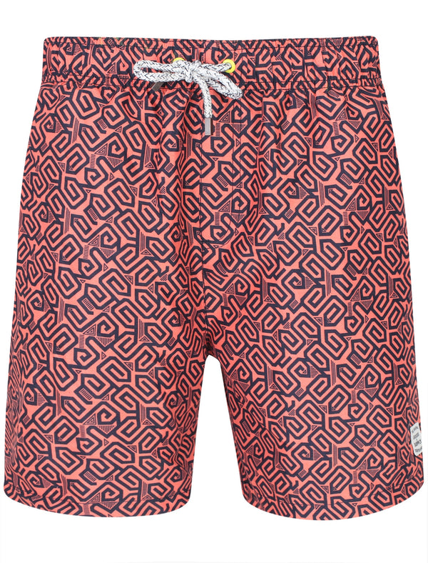 Oreti Geometric Print Swim Shorts In Coral - Tokyo Laundry
