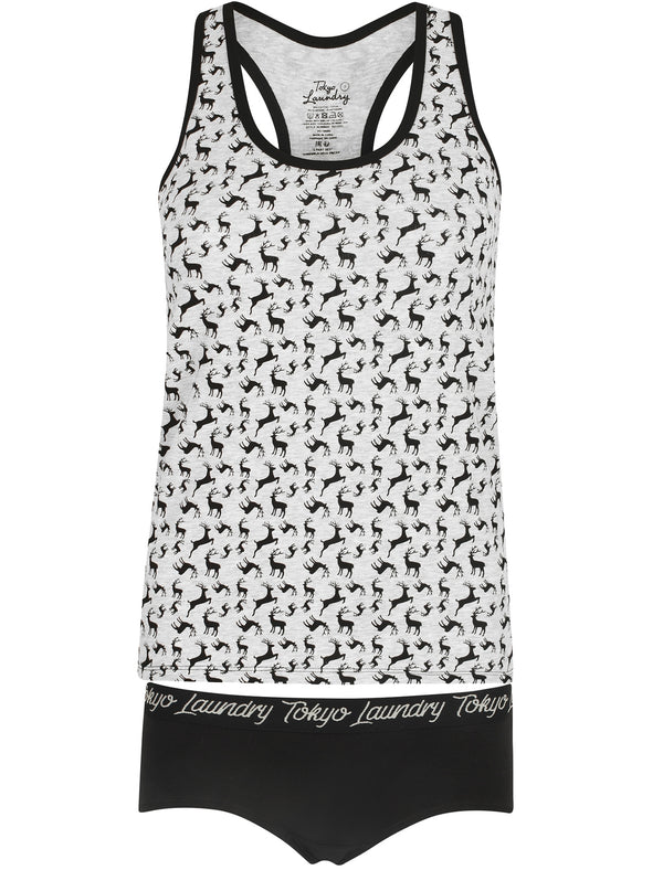 Petunia Stag Print Racer Tank Top Underwear Set in Grey Marl / Black - Tokyo Laundry