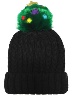Women's Plush Christmas Tree Bobble Beanie Hat in Black - Tokyo Laundry