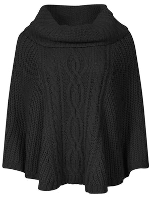Royal Cowl Neck Cable Knit Poncho in Black - Tokyo Laundry