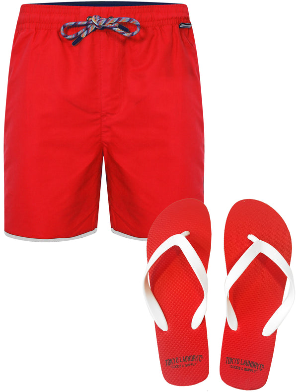 Portola Swim Shorts with Free Matching Flip Flops in Firebrick Red - Tokyo Laundry