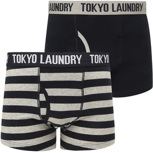 Railway (2 Pack) Striped Boxer Shorts Set in Light Grey Marl / Navy - Tokyo Laundry