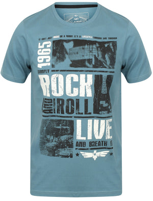 Rock and Roll Motif Cotton T-Shirt in Provincial Blue - Tokyo Laundry