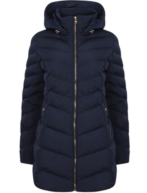 Safflower Longline Quilted Puffer Coat In Peacoat Blue - Tokyo Laundry