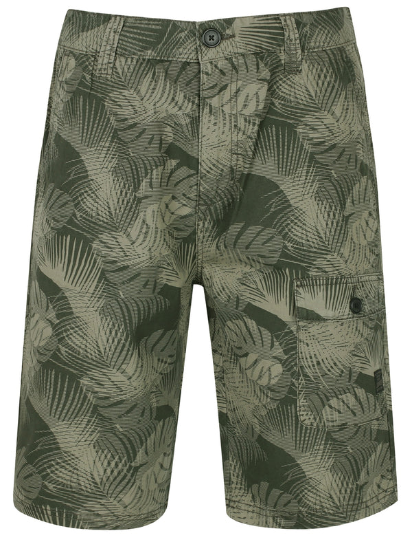 San Luis Leaf Print Cotton Cargo Shorts In Dusty Olive - Tokyo Laundry