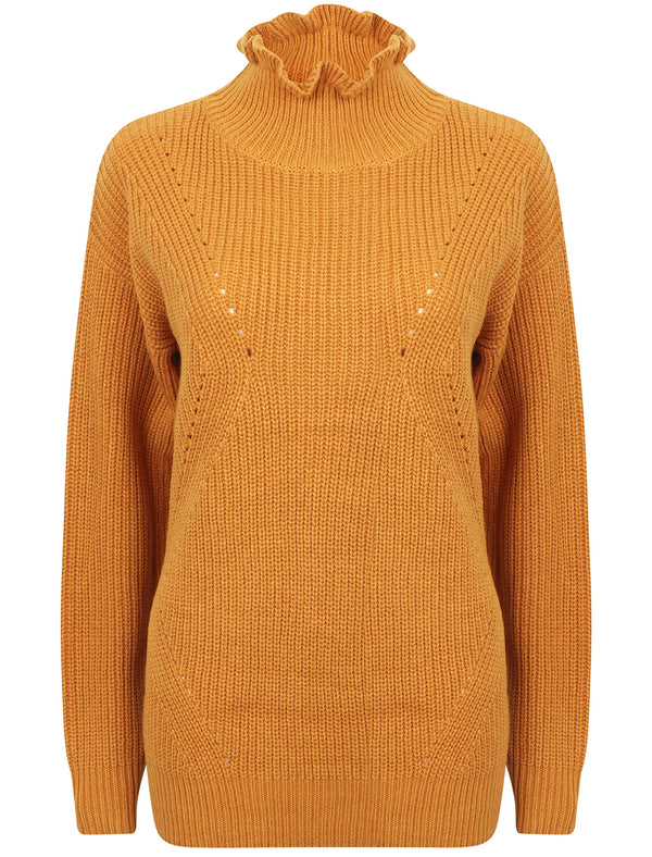 Sasha Ruffle Neck Pointelle Knit Jumper in Dark Gold - Tokyo Laundry