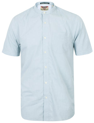 Scandi Grandad Collar Short Sleeve Striped Shirt In Pearl Blue - Tokyo Laundry