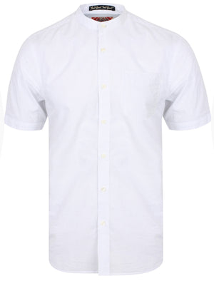 Scandi Grandad Collar Short Sleeve Striped Shirt In White - Tokyo Laundry
