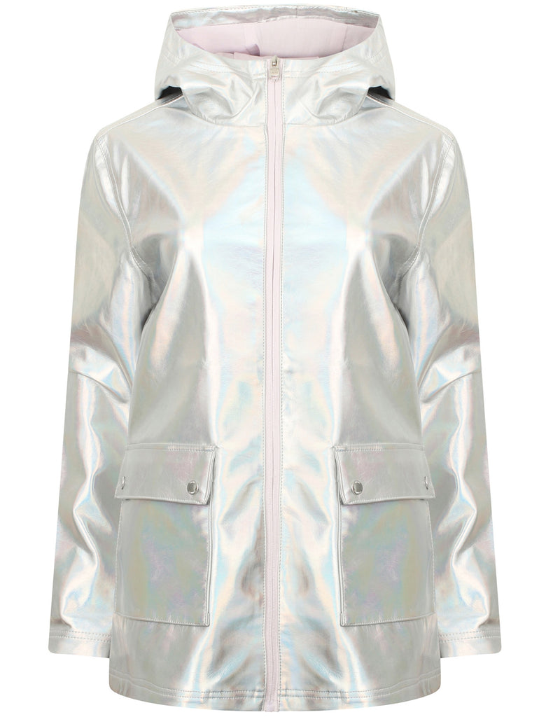 Shine Hooded Rain Coat In Iridescent White Tokyo Laundry