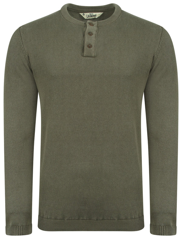 Sequel Acid Wash Henley Jumper in Khaki - Tokyo Laundry