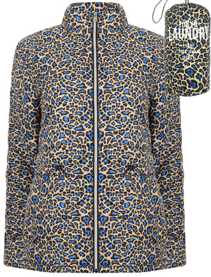 Syros Leopard Print Light Packaway Funnel Neck Quilted Jacket in Blue / Yellow - Tokyo Laundry