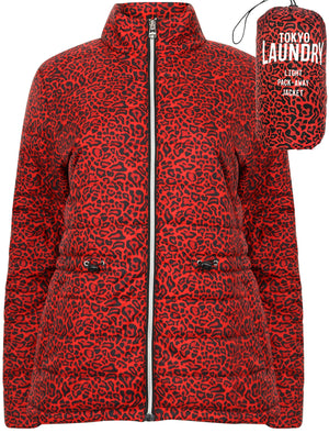 Syros Leopard Print Light Packaway Funnel Neck Quilted Jacket in Red - Tokyo Laundry