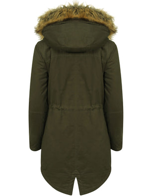 Teegan Parka Jacket in Khaki with Detachable Tipped Brown Fur Hood - Tokyo Laundry