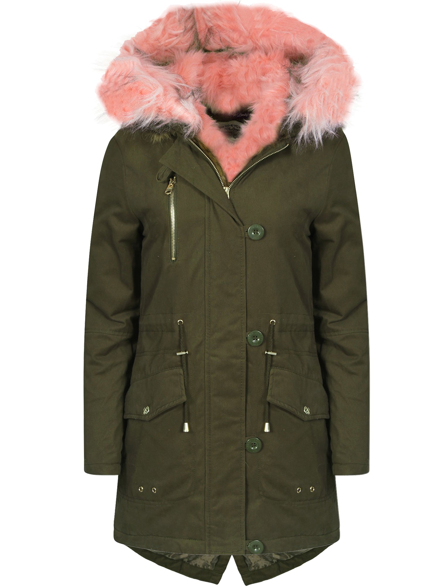 Khaki coat with pink fur hood online