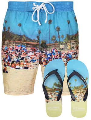 Tiki Beach2 Printed Swim Shorts in Cuba Beach with Free Matching Flip Flops - Tokyo Laundry