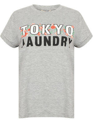 Katie Oversized Floral Cotton Crew Neck T-Shirt In Light Grey Marl - Tokyo Laundry