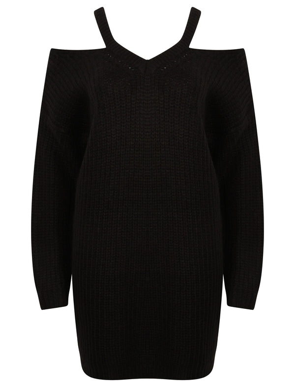 Broad Church Split Shoulder Longline Knitted Jumper in Black - Tokyo Laundry