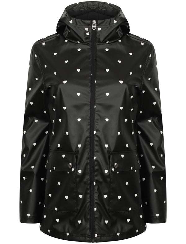 Shine Heart Print Hooded Rain Coat In Black - Tokyo Laundry