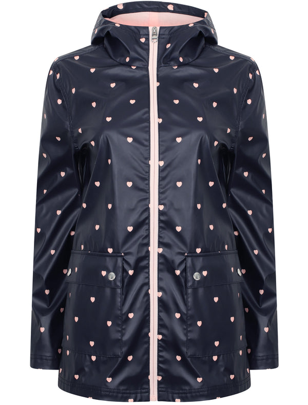 Shine Heart Print Hooded Rain Coat In Navy - Tokyo Laundry