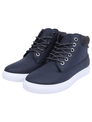 Tomlin Faux Leather Hi Top Lace Up Trainers in Navy - Tokyo Laundry