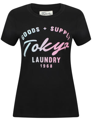 Tori Flocked Motif Cotton Jersey T-Shirt In Jet Black - Tokyo Laundry