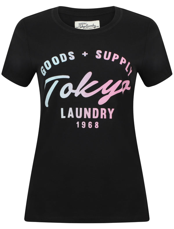 Womens Flocked Motif Cotton Jersey T-Shirt In Jet Black - Tokyo Laundry