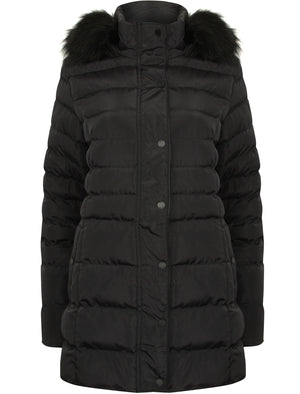 Tynice Long Quilted Coat with Detachable Fur Trim in Black - Tokyo Laundry