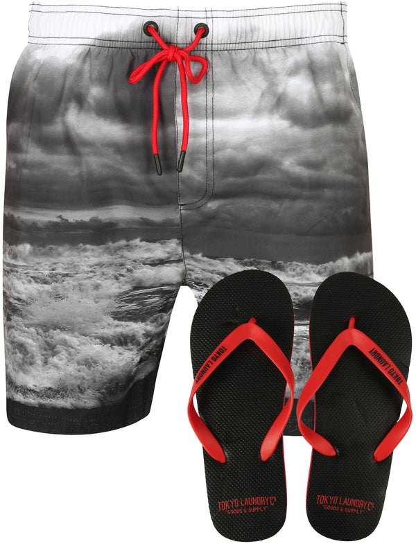 Urswicke Photographic Swim Shorts In Black / White With Free Flip Flops - Tokyo Laundry