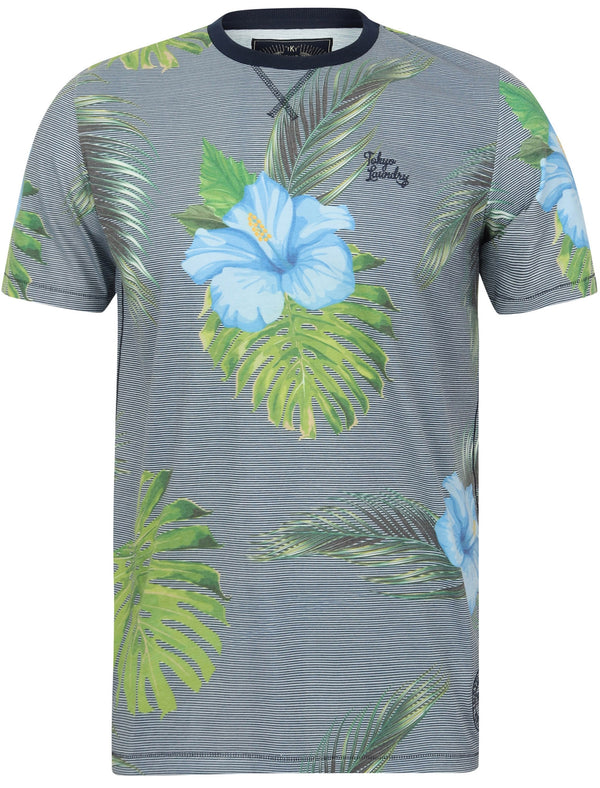 Waikawa Striped Tropical Palm Printed T-Shirt In Iris Navy - Tokyo Laundry
