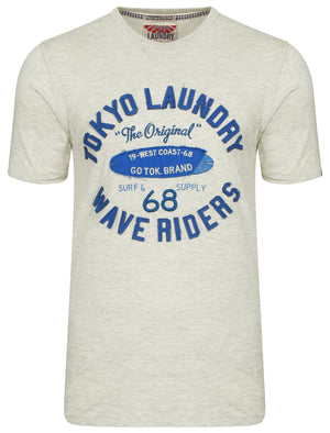 Wave Riders Motif Cotton T-Shirt in Oatgrey Marl - Tokyo Laundry