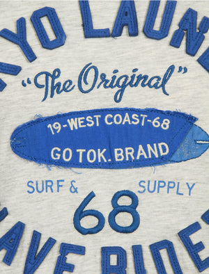 Wave Riders Motif Cotton T-Shirt in Oatgrey Marl - Tokyo Laundry