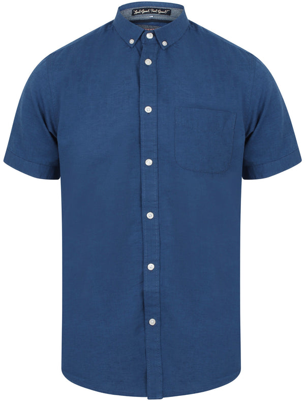 Wells Short Sleeve Cotton Linen Shirt In Ink Blue - Tokyo Laundry
