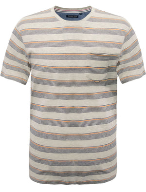 Copolla Stripe Crew Neck T-Shirt with Chest Pocket in Oatmeal