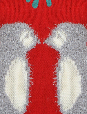 Womens Merry Christmas Mistletoe Penguins red jumper