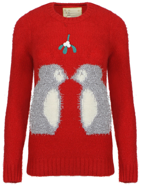 Womens Merry Christmas Mistletoe Penguins red jumper