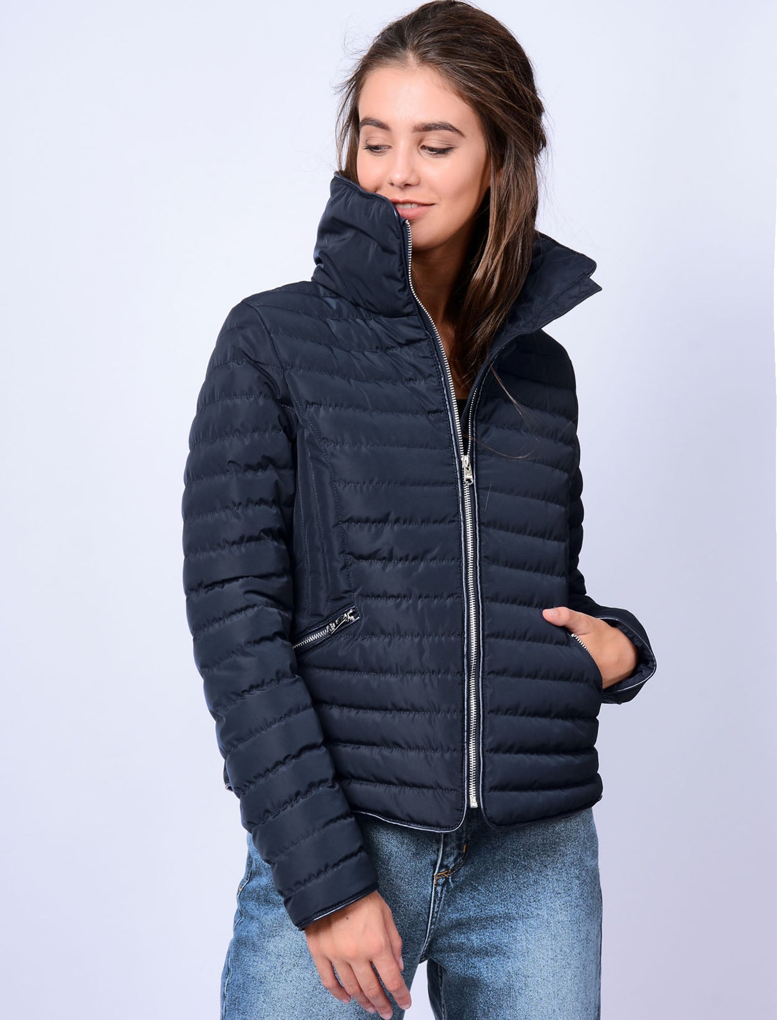 Zelda Funnel Neck Quilted Jacket in Peacoat - Tokyo Laundry